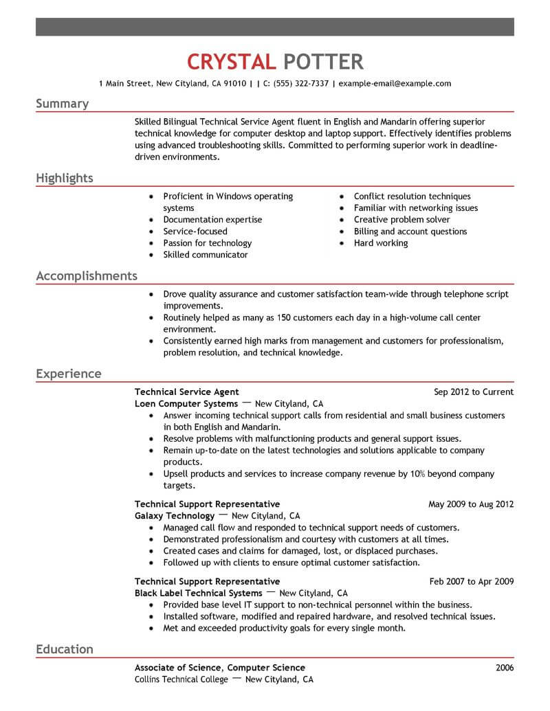 Best Bilingual Technical Service Agent Resume Example ...