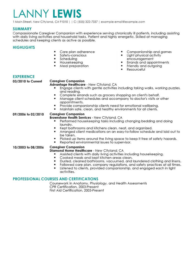 Best Caregiver Companion Resume Example  LiveCareer