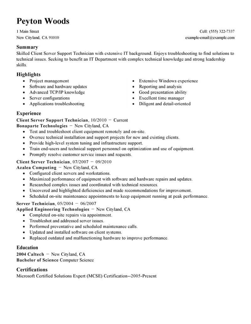 Best Client Server Technician Resume Example Livecareer