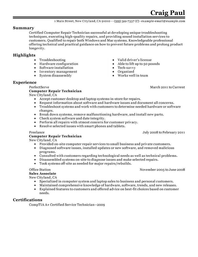 Best Computer Repair Technician Resume Example Livecareer