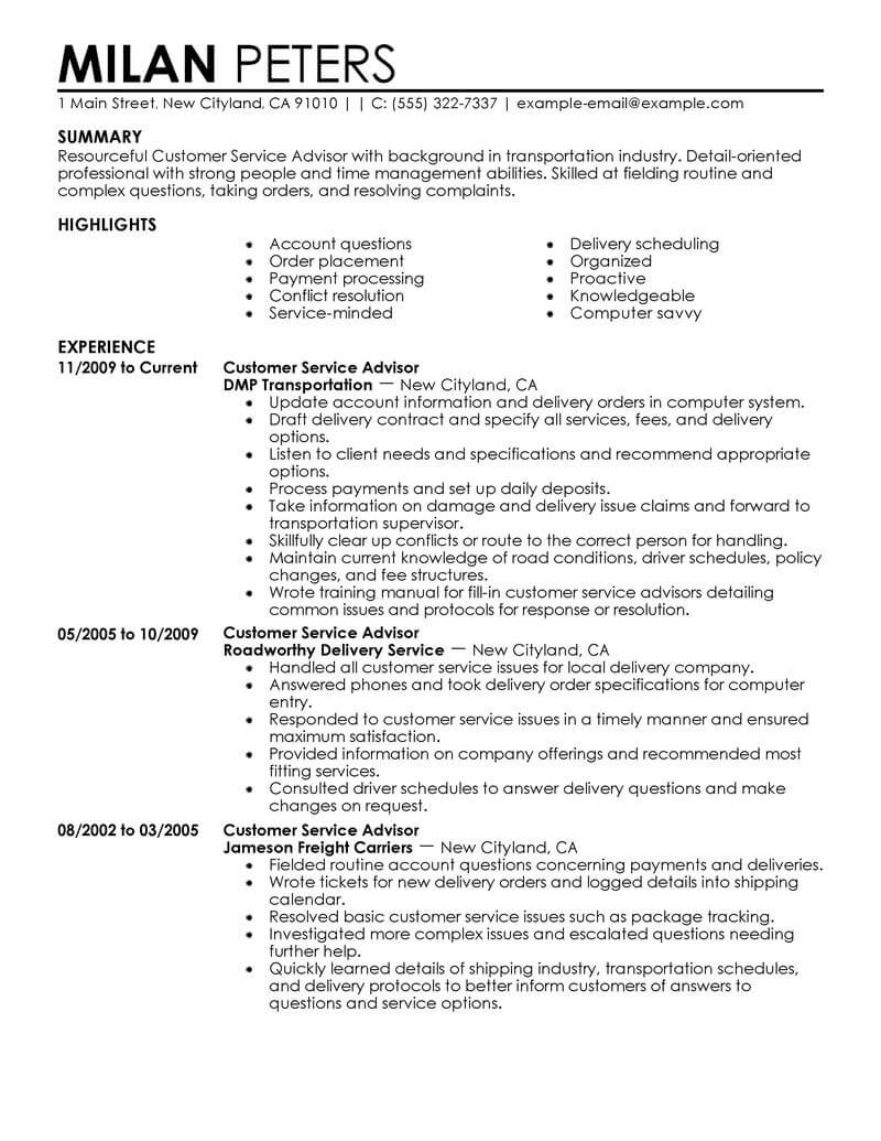 service advisor duties for a resume