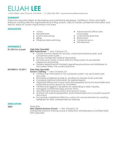 Data Entry Resume Template Download