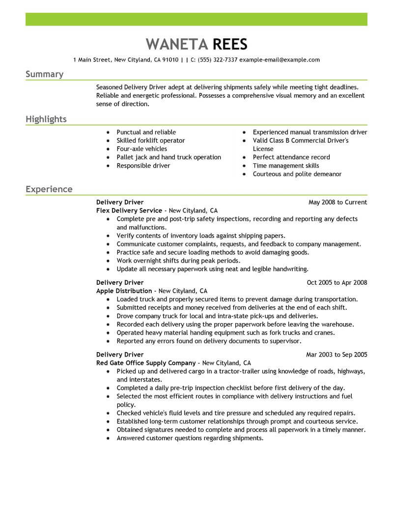 resume sample for delivery driver