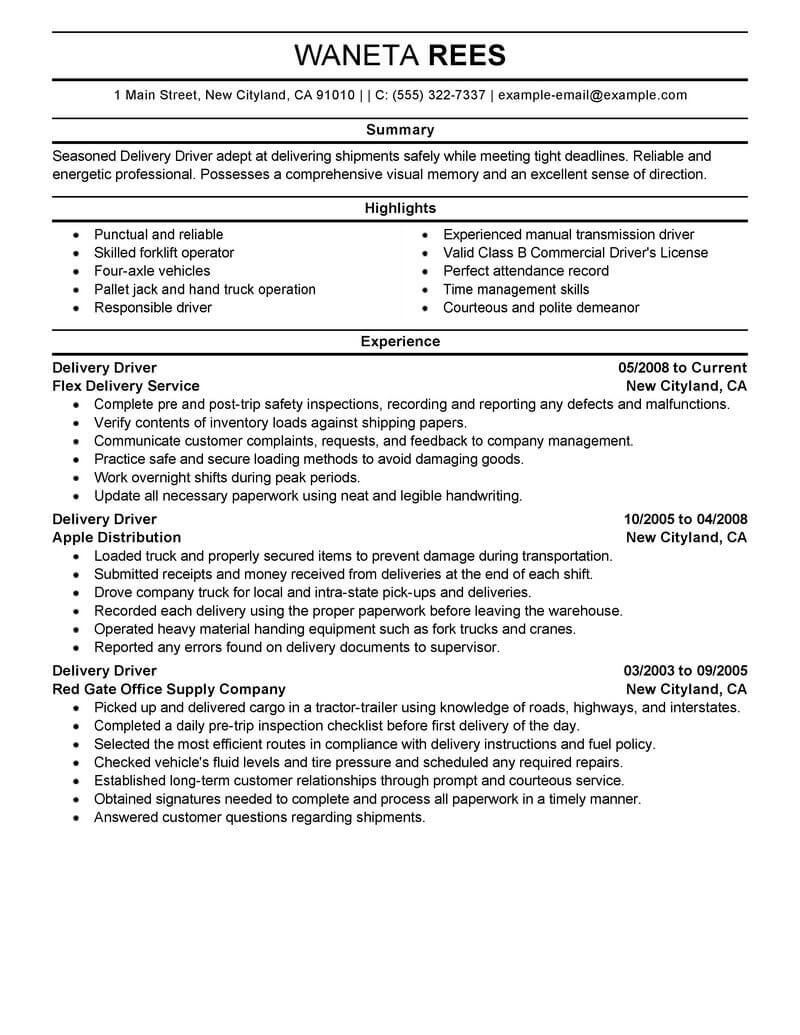 resume job description for delivery driver