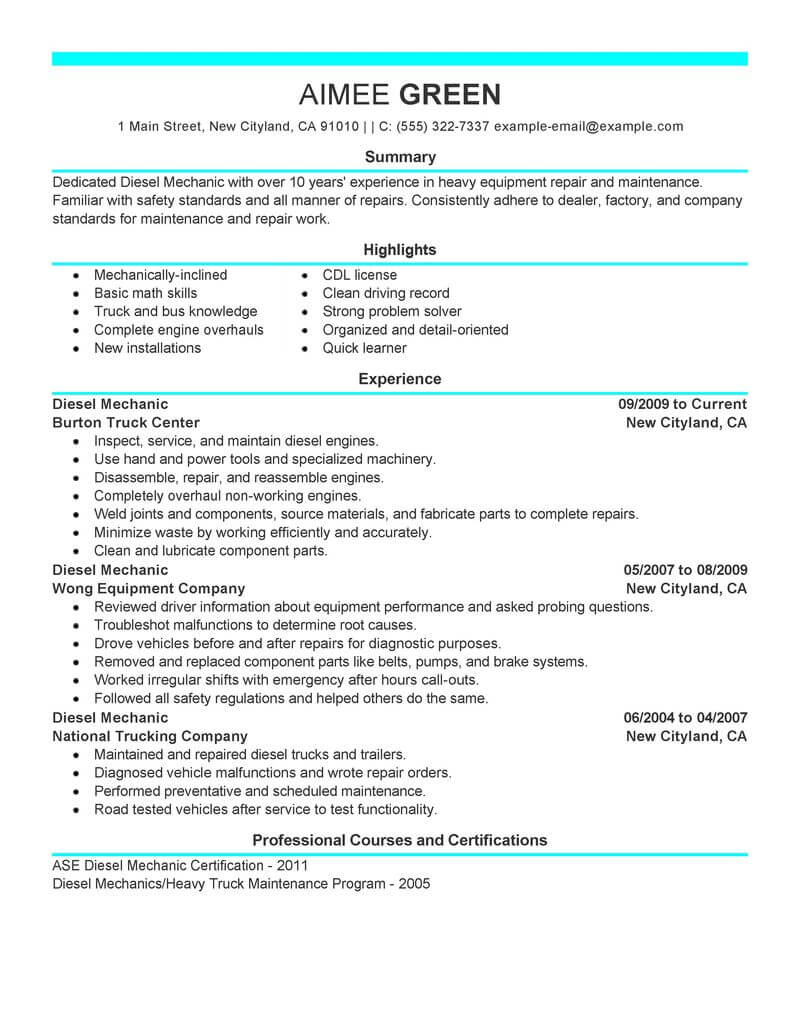 Best Diesel Mechanic Resume Example Livecareer