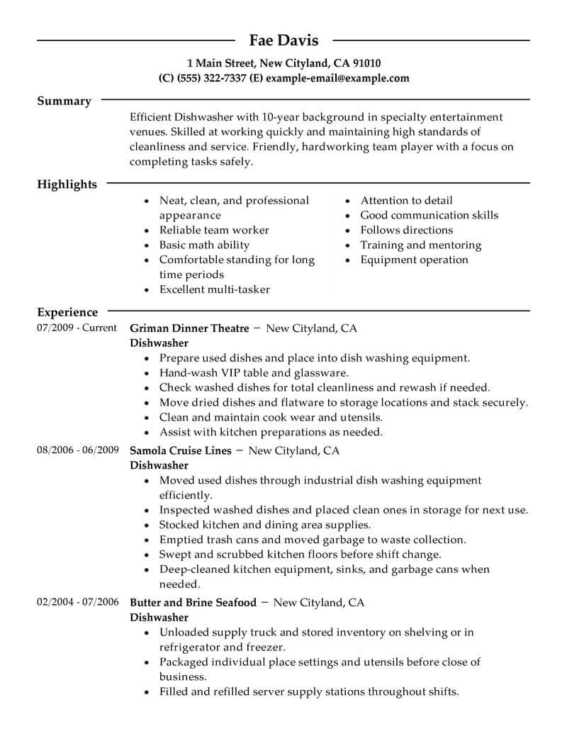 sample resume for restaurant dishwasher