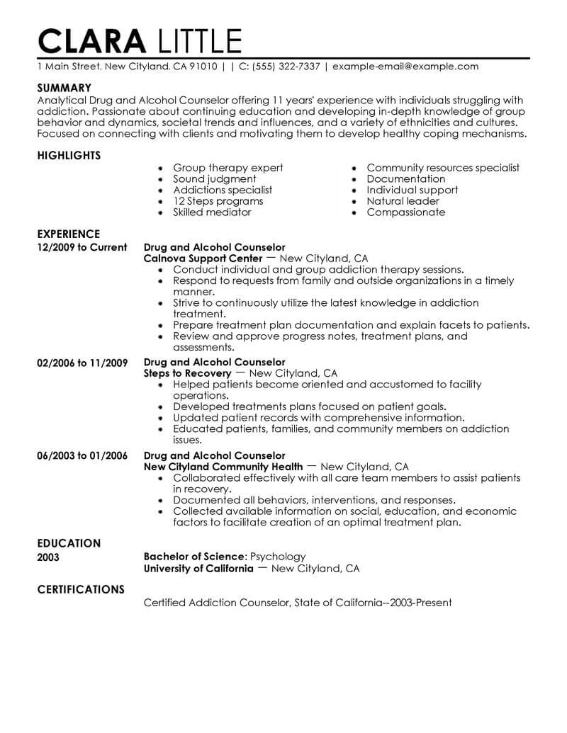 Best Drug And Alcohol Counselor Resume Example  LiveCareer