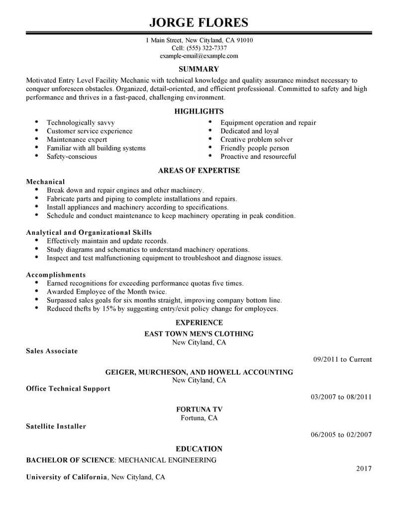 Best Entry Level Mechanic Resume Example | LiveCareer