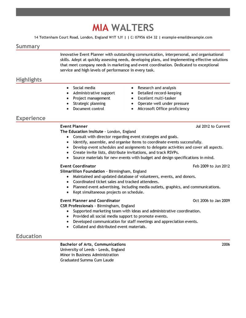 event planner resume sample