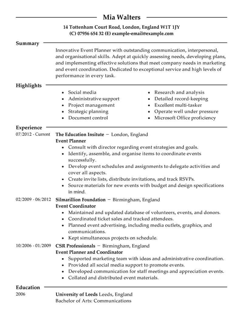 event planner resume description