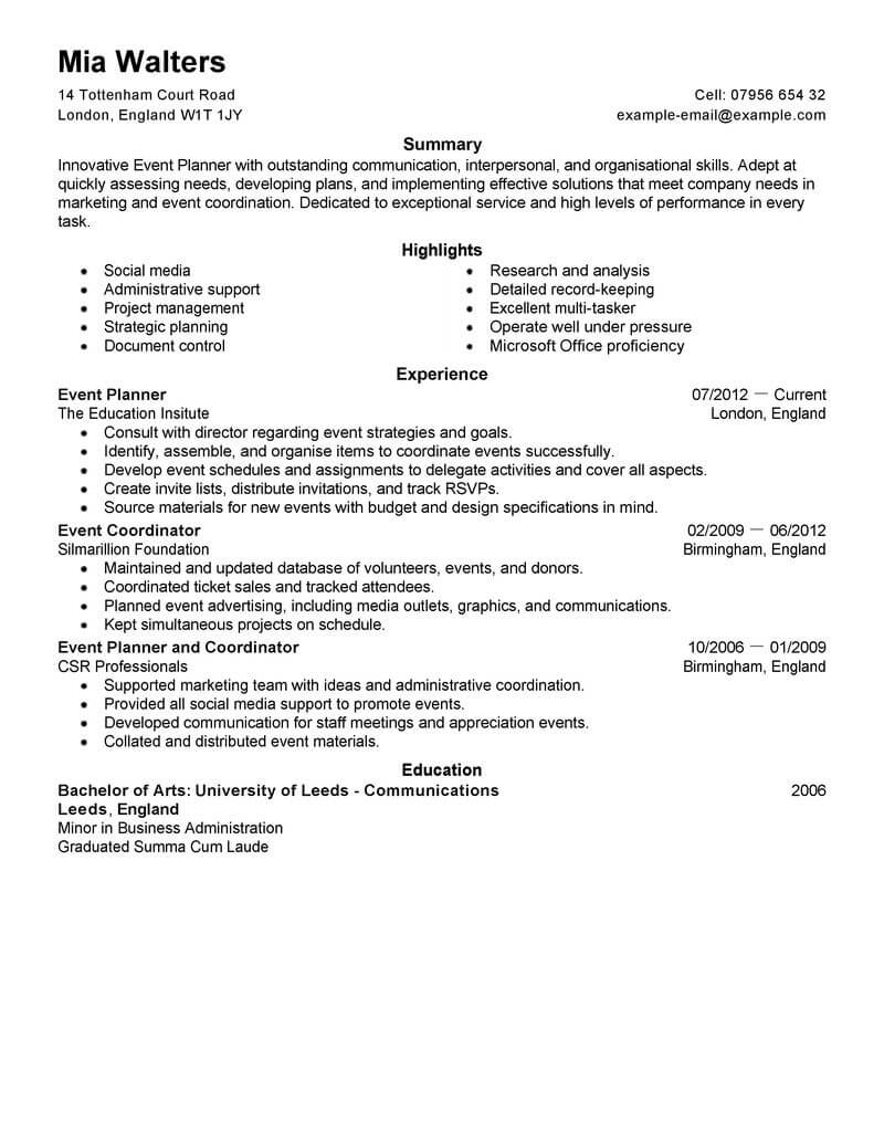 event planner responsibilities resume