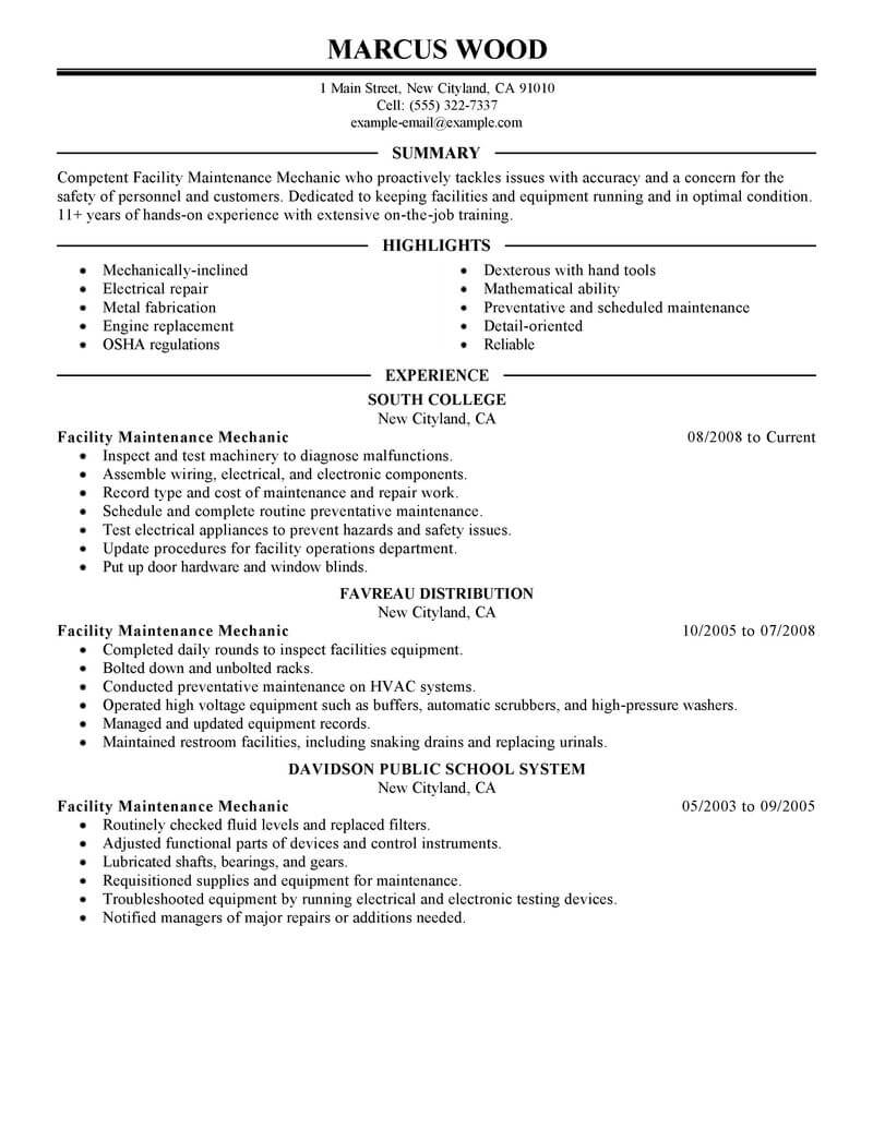 resume examples for mechanic