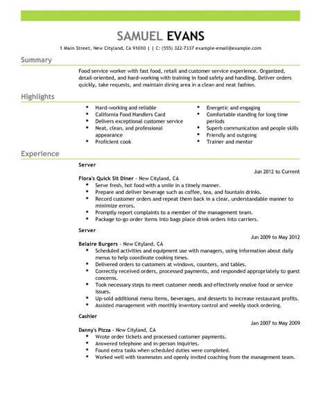 Best Fast Food Server Resume Example Livecareer