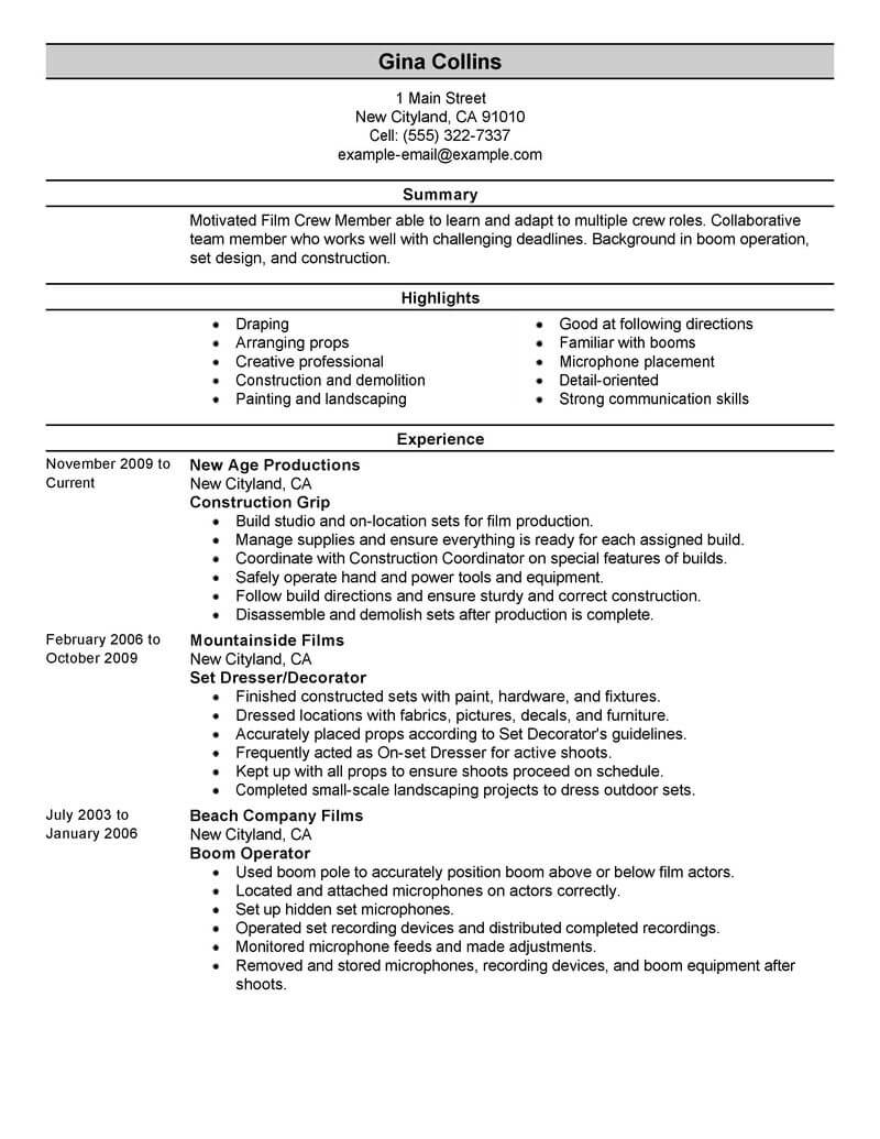 Best Film Crew Resume Example  LiveCareer