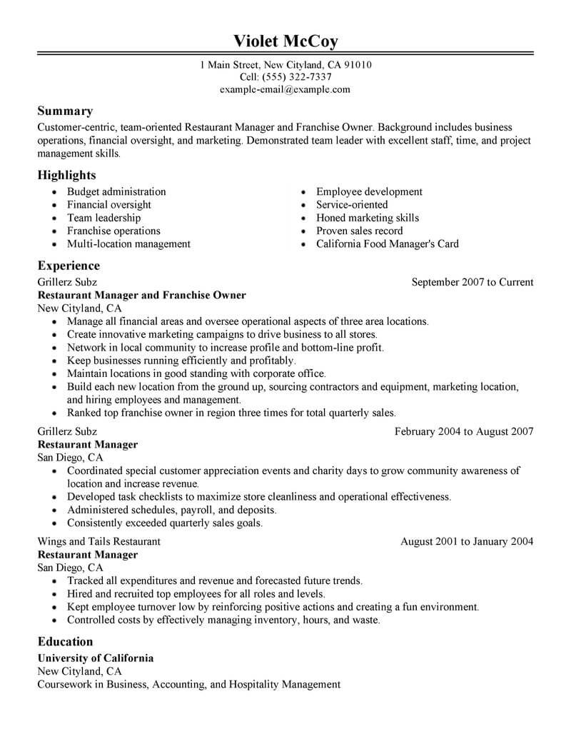 resume for restaurant owner