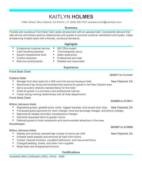 Best Front Desk Clerk Resume Example Livecareer