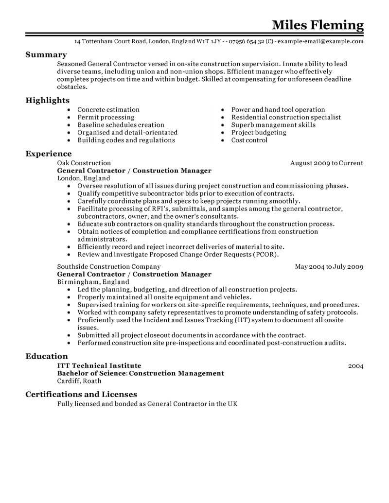 construction job duties for resume