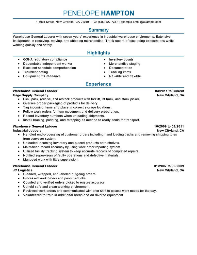 resume objective examples laborer