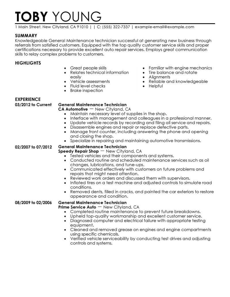 resume service technician