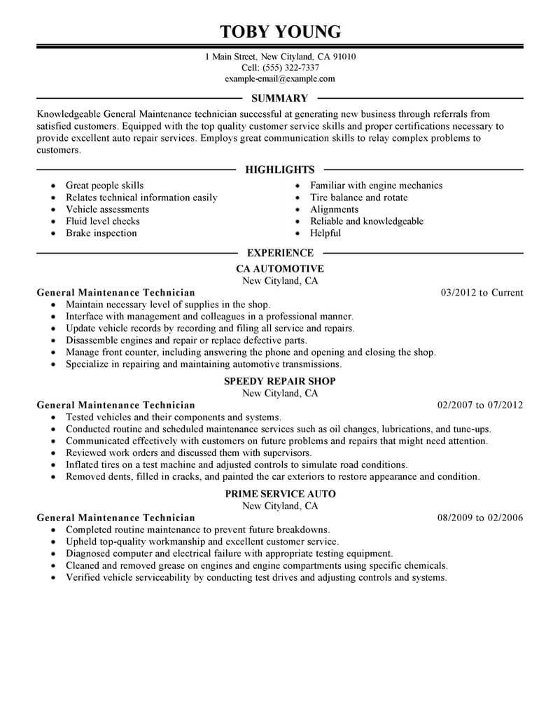 resume summary examples for maintenance mechanic