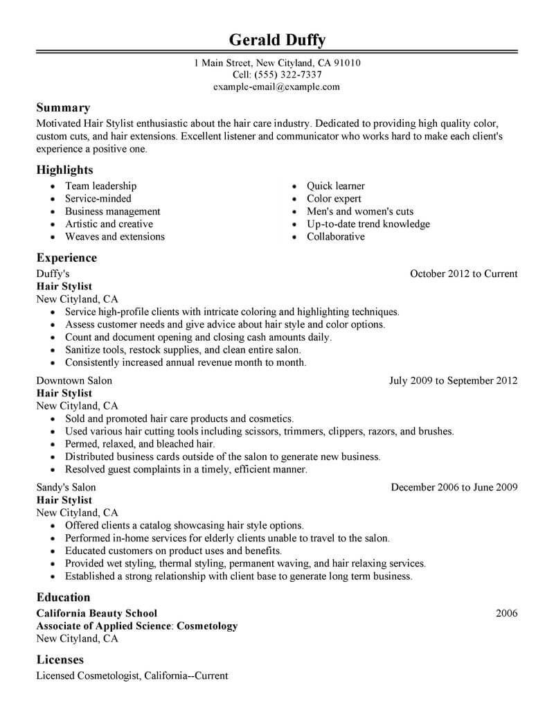 sample resume for salon job