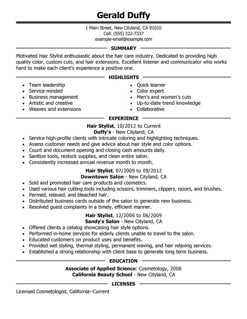 resume samples for salon job