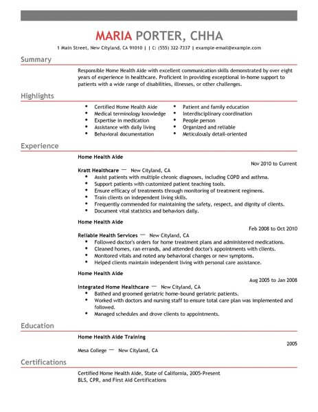 resume examples home health aide