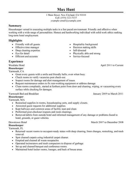 resume for housekeeping in hotel