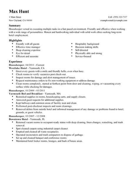 good resume for a housekeeping