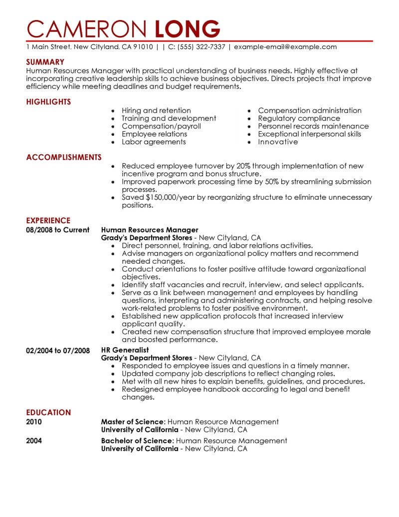 hr professional resume examples