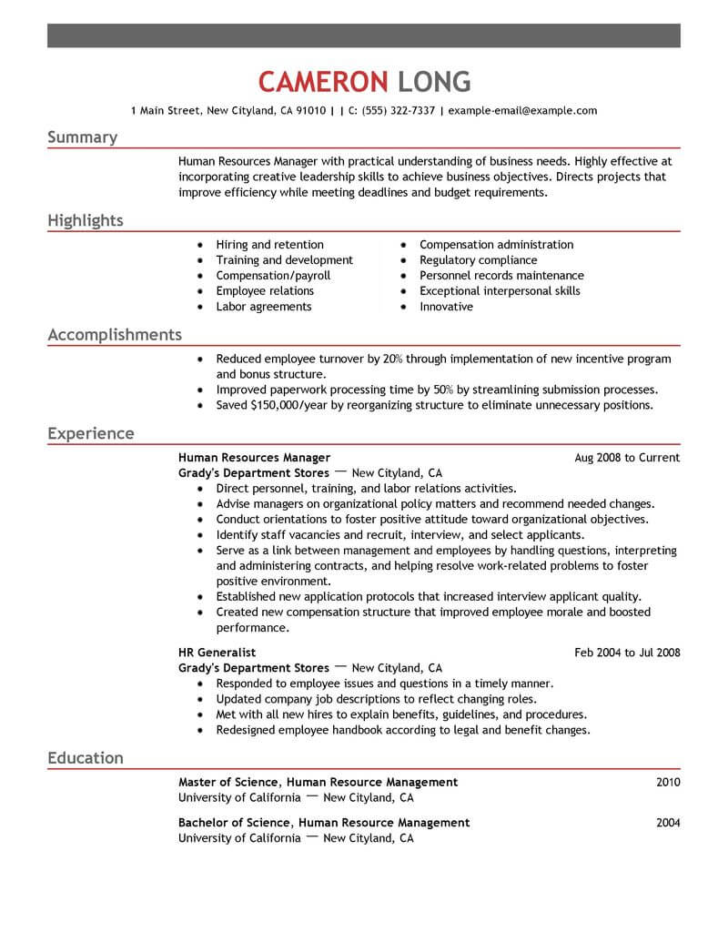 hr professional resume examples