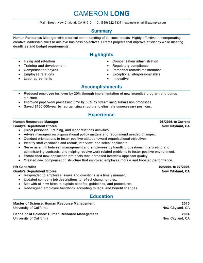 resume for a human resources manager