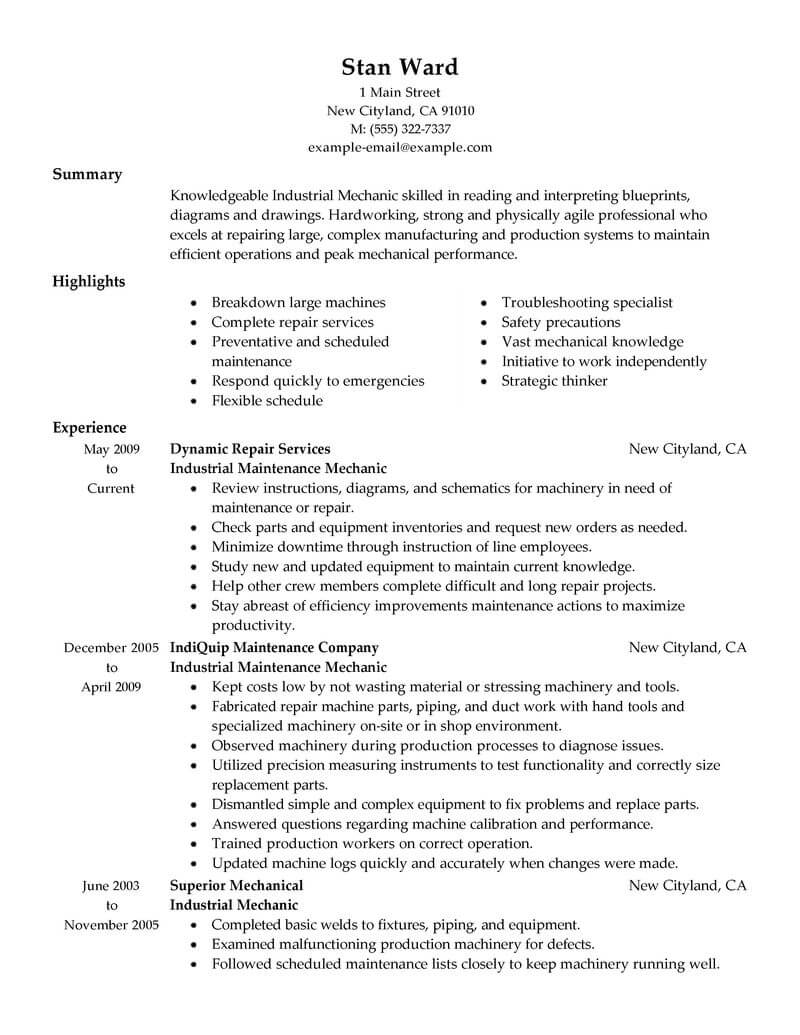 Best Industrial Maintenance Mechanic Resume Example 