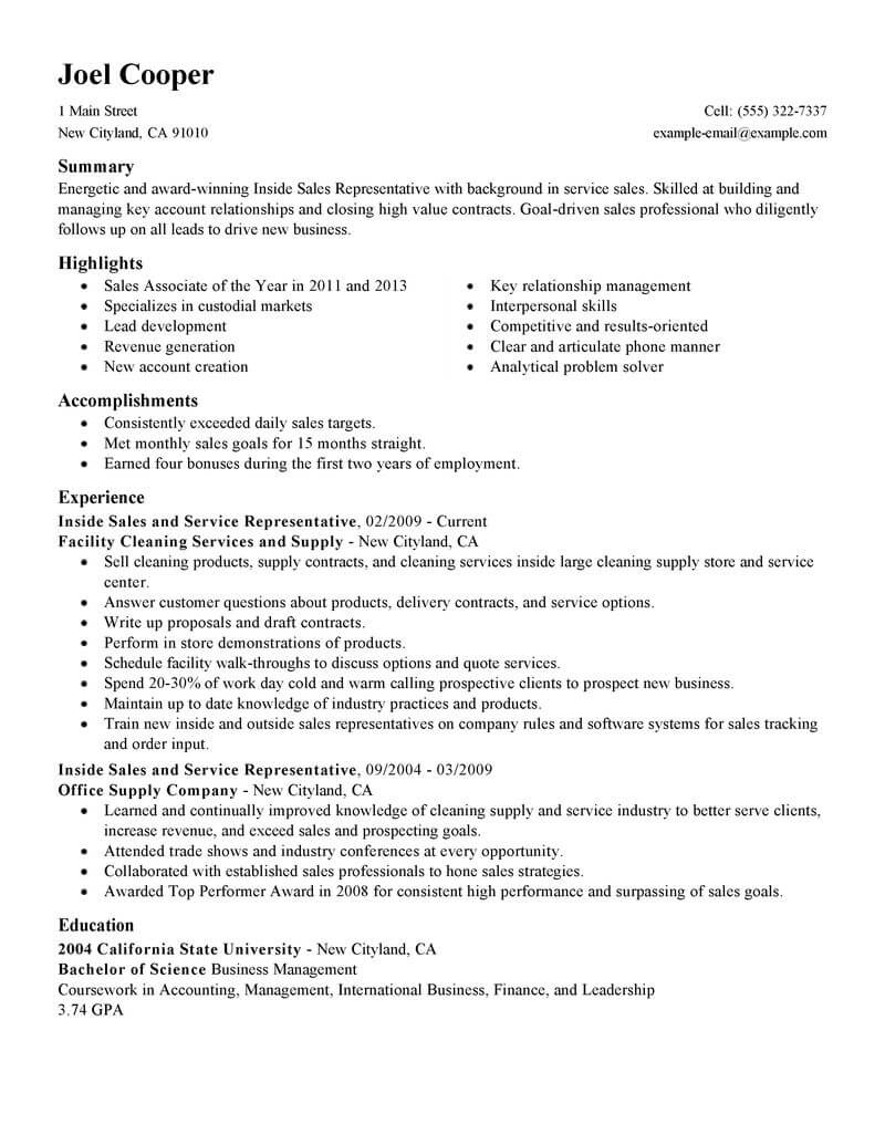 Best Inside Sales Resume Example | LiveCareer