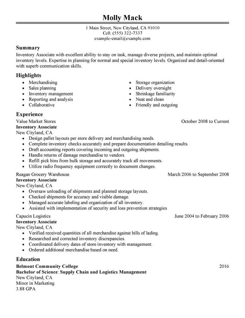 Best Inventory Associate Resume Example | LiveCareer