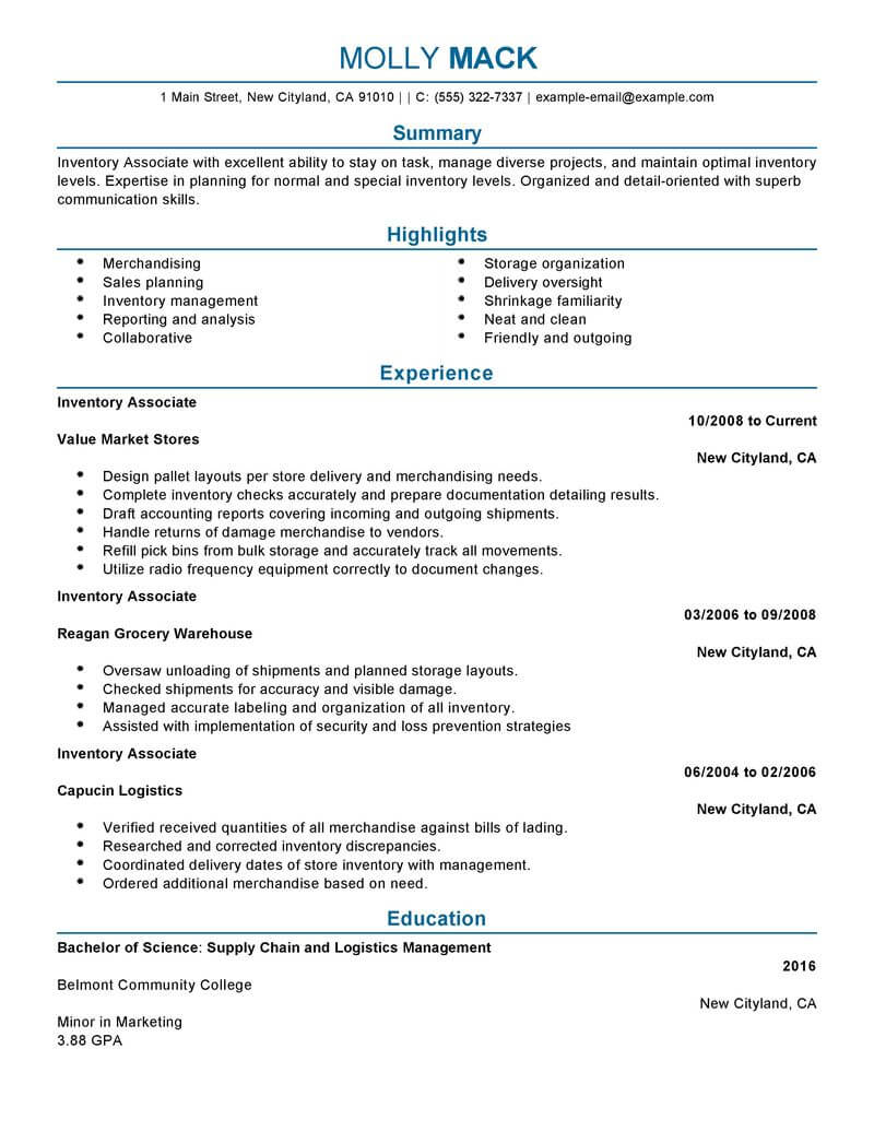 Best Inventory Associate Resume Example | LiveCareer