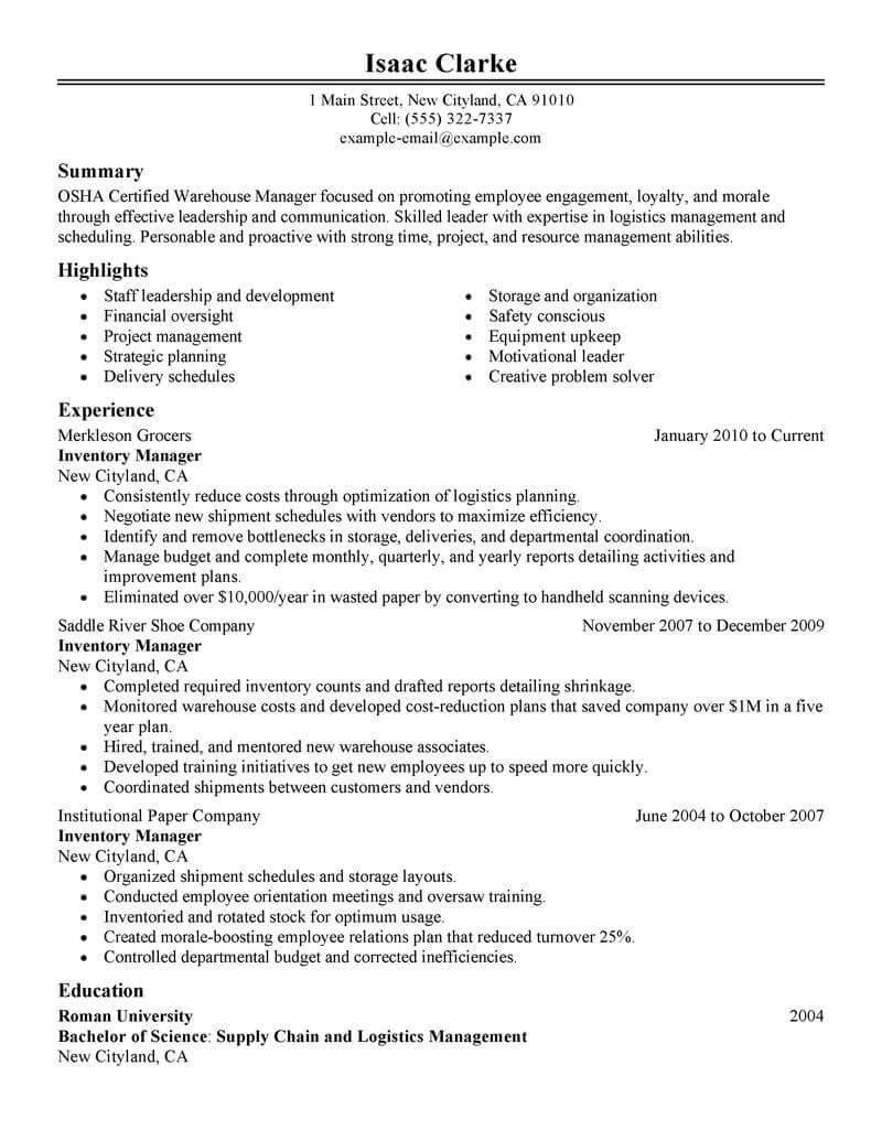 resume examples inventory management