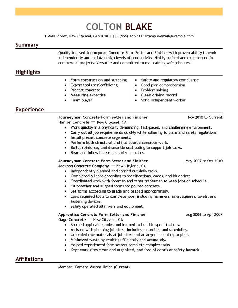 Best Journeymen Concrete Form Setters And Finishers Resume Example