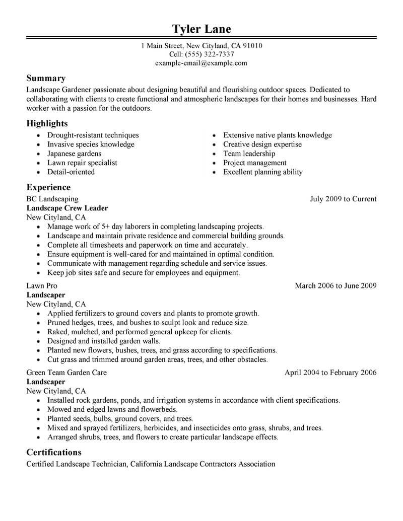 Landscaper Resume Samples Qwikresume