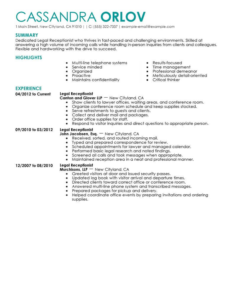 legal receptionist resume examples