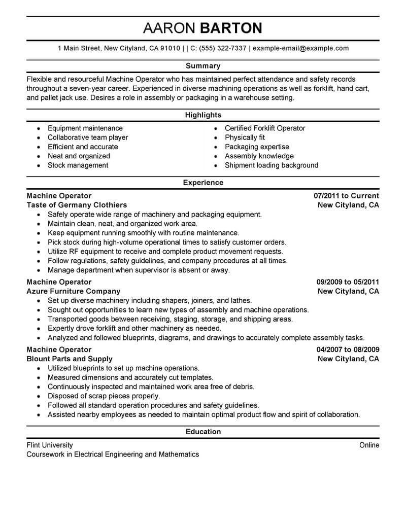 resume summary examples machine operator