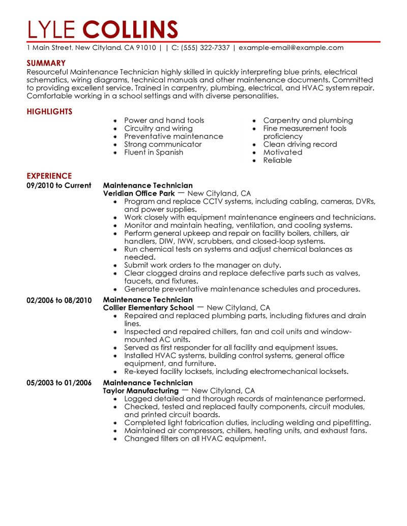 Maintenance Technician Resume Sample  Technician Resumes 