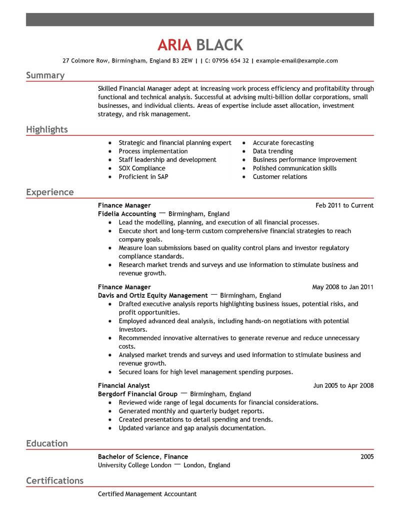 finance job description resume