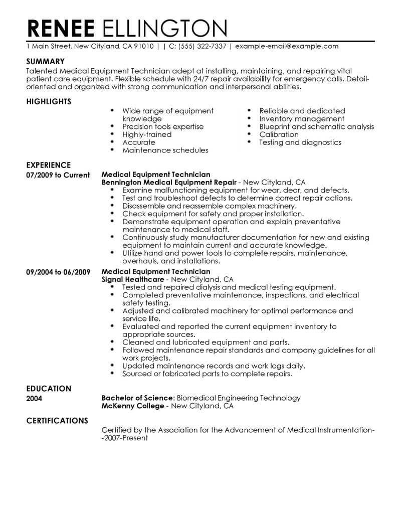 Best Medical Equipment Technician Resume Example  LiveCareer