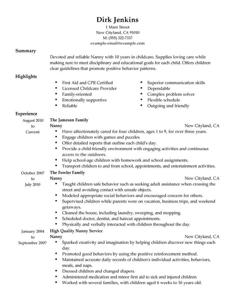 summary for resume examples nanny