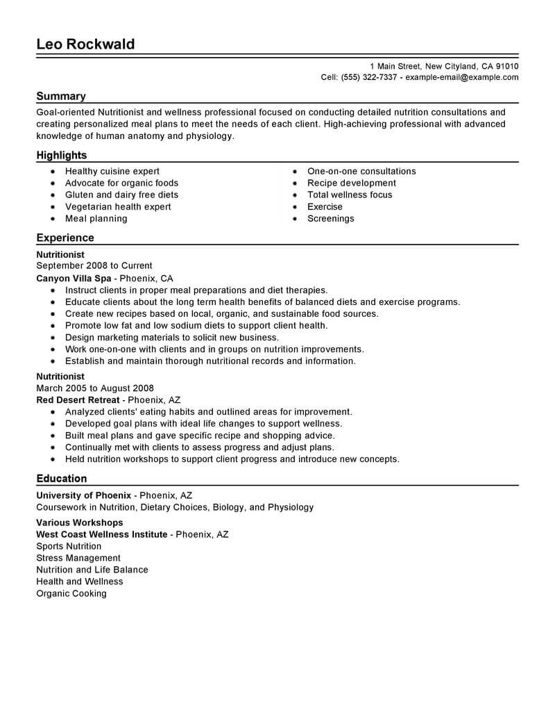 Dietitian resume examples