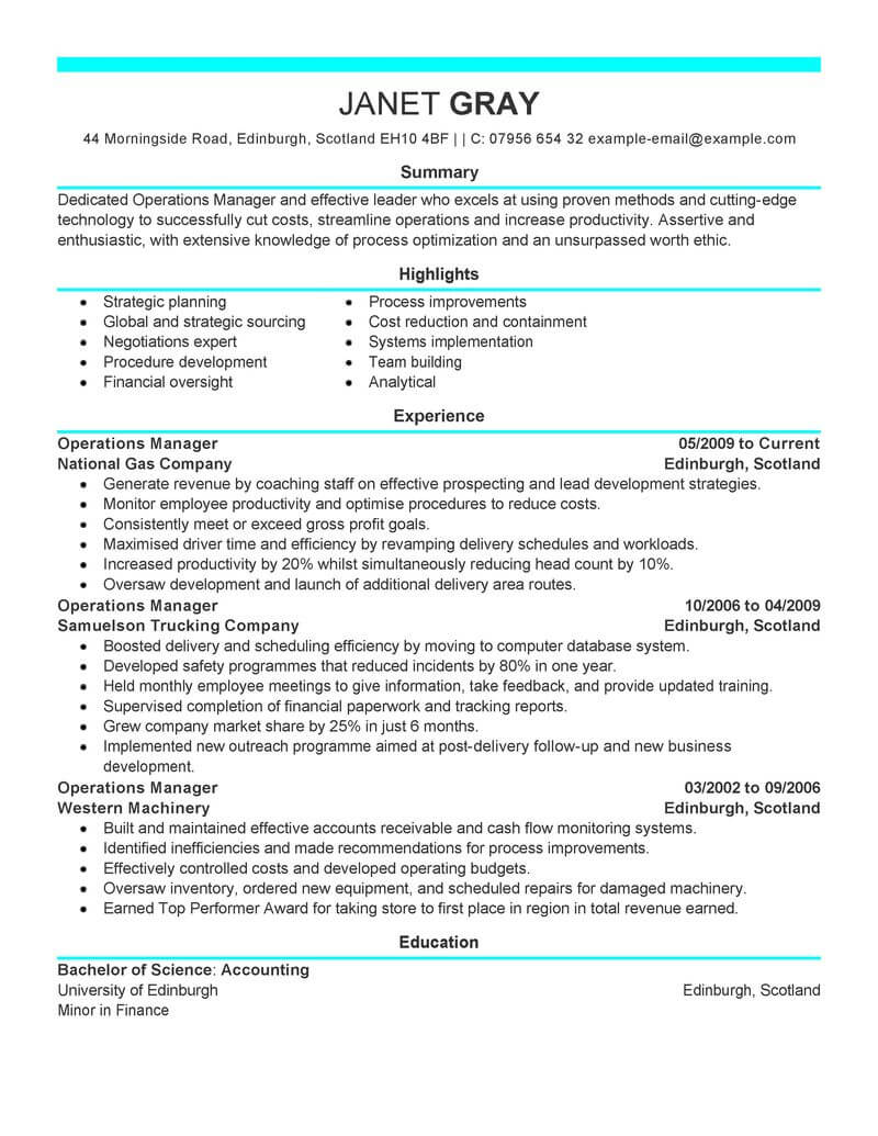 best resume format for operations manager