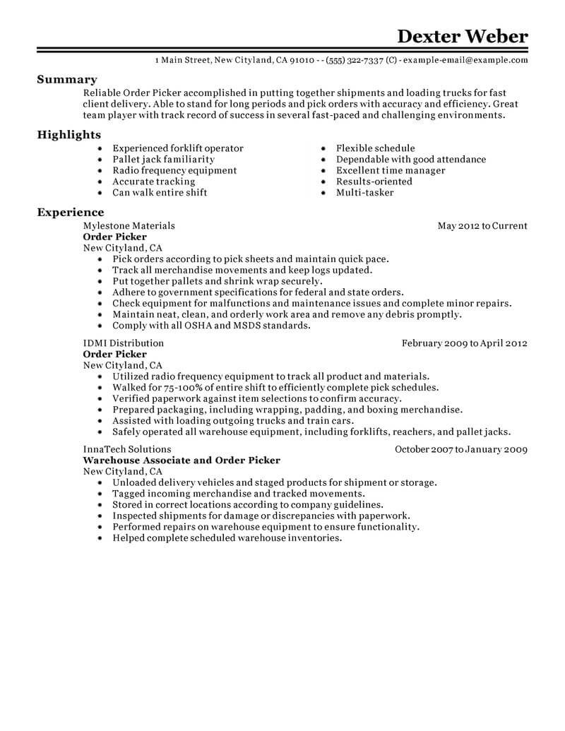 Best Order Picker Resume Example | LiveCareer