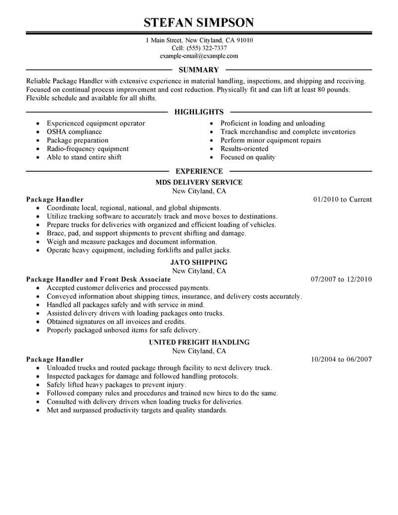 Mail Handler Resume Sample