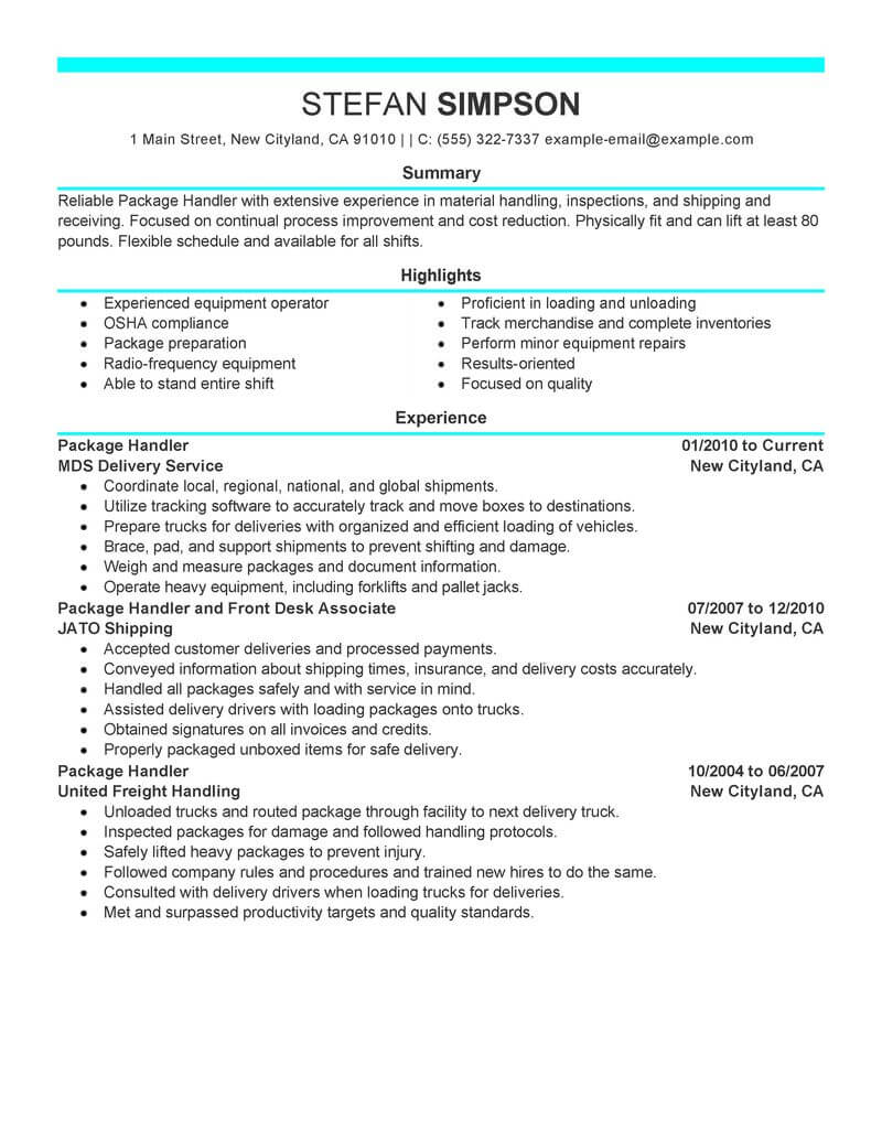 Best Package Handler Resume Example